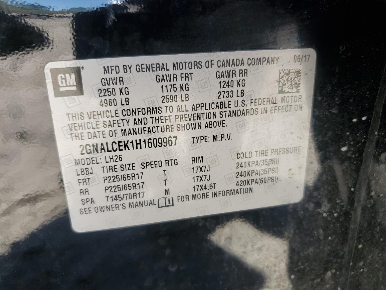 2017 Chevrolet Equinox VIN 2GNALCEK1H1609967 Copart auction photo, front end damage thumbnail 13