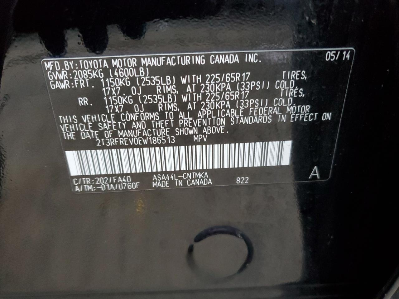 2014 Toyota RAV 4 VIN 2T3RFREV0EW186513 Copart auction photo, front end damage thumbnail 13