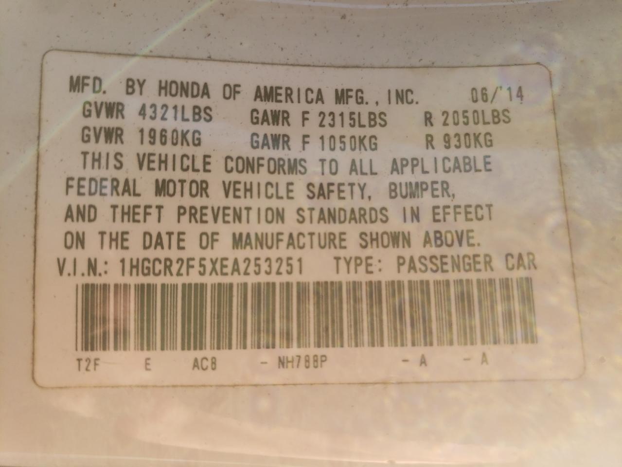 2014 Honda Accord VIN 1HGCR2F5XEA253251 Copart auction photo, rear end / side damage thumbnail 12