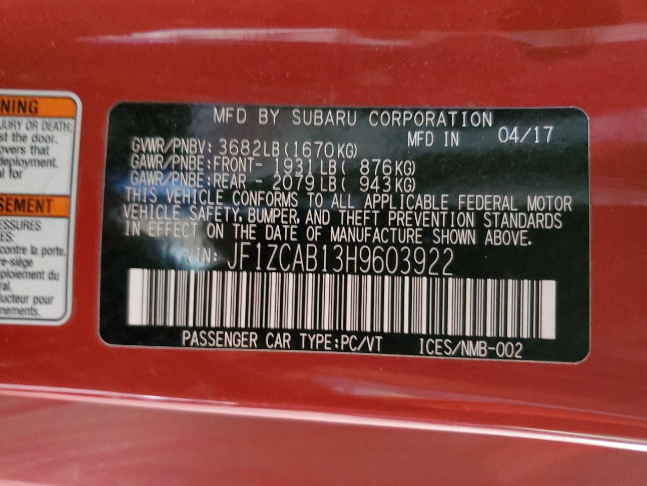 2017 Subaru BRZ VIN JF1ZCAB13H9603922 Copart auction photo, mechanical / minor dent/scratches damage thumbnail 12
