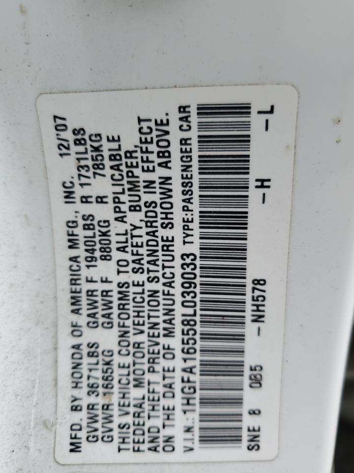 2008 Honda Civic VIN 1HGFA16558L039033 Copart auction photo, front end / side damage thumbnail 15