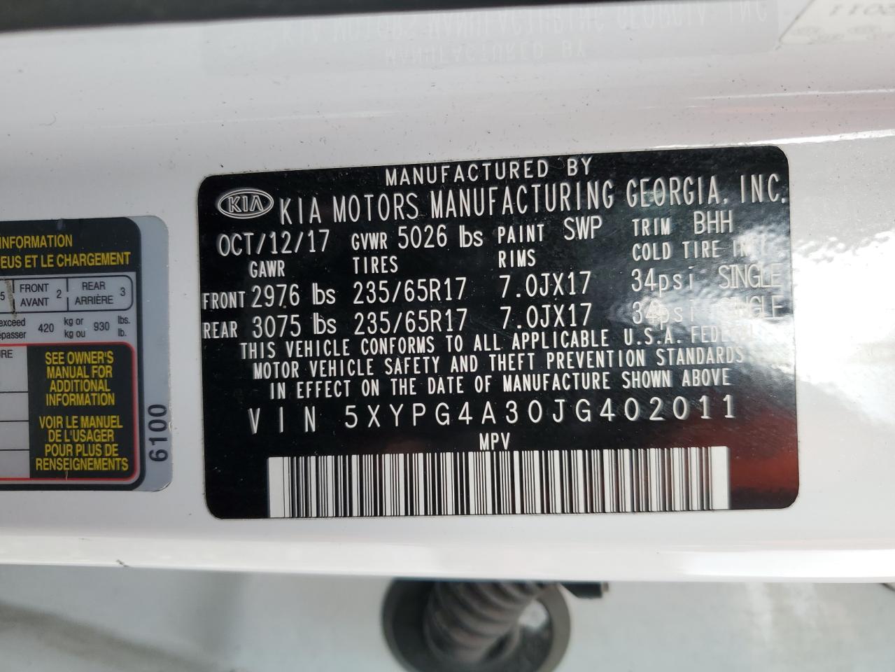 2018 KIA Sorento VIN 5XYPG4A30JG402011 Copart auction photo, all over damage thumbnail 13