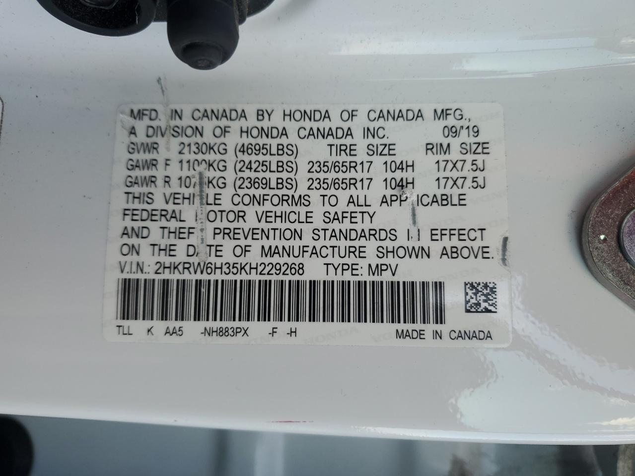 2019 Honda CR-V VIN 2HKRW6H35KH229268 Copart auction photo, front end / rear end damage thumbnail 13