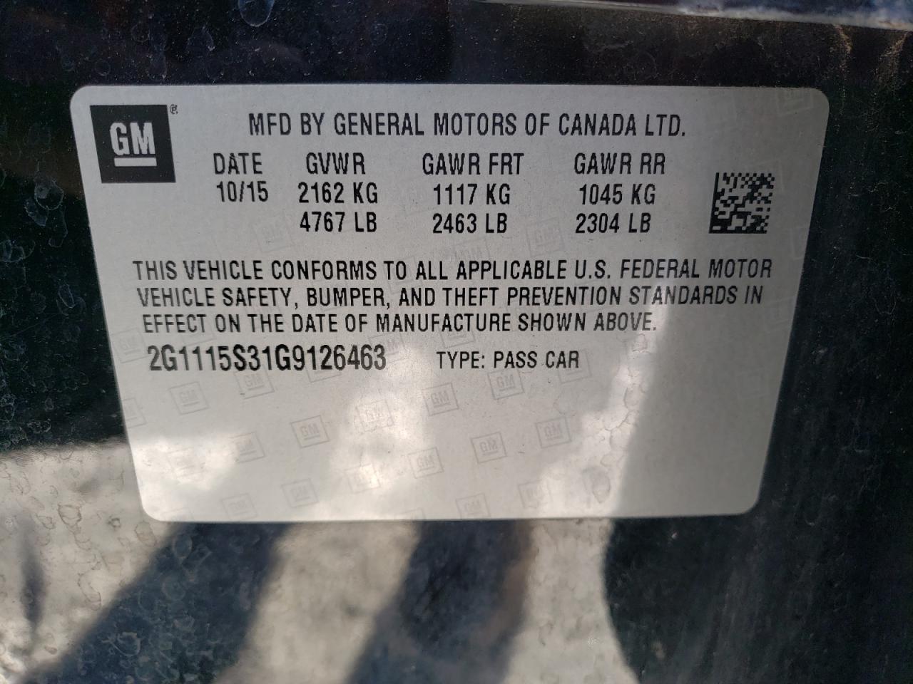 2016 Chevrolet Impala VIN 2G1115S31G9126463 Copart auction photo, all over damage thumbnail 13