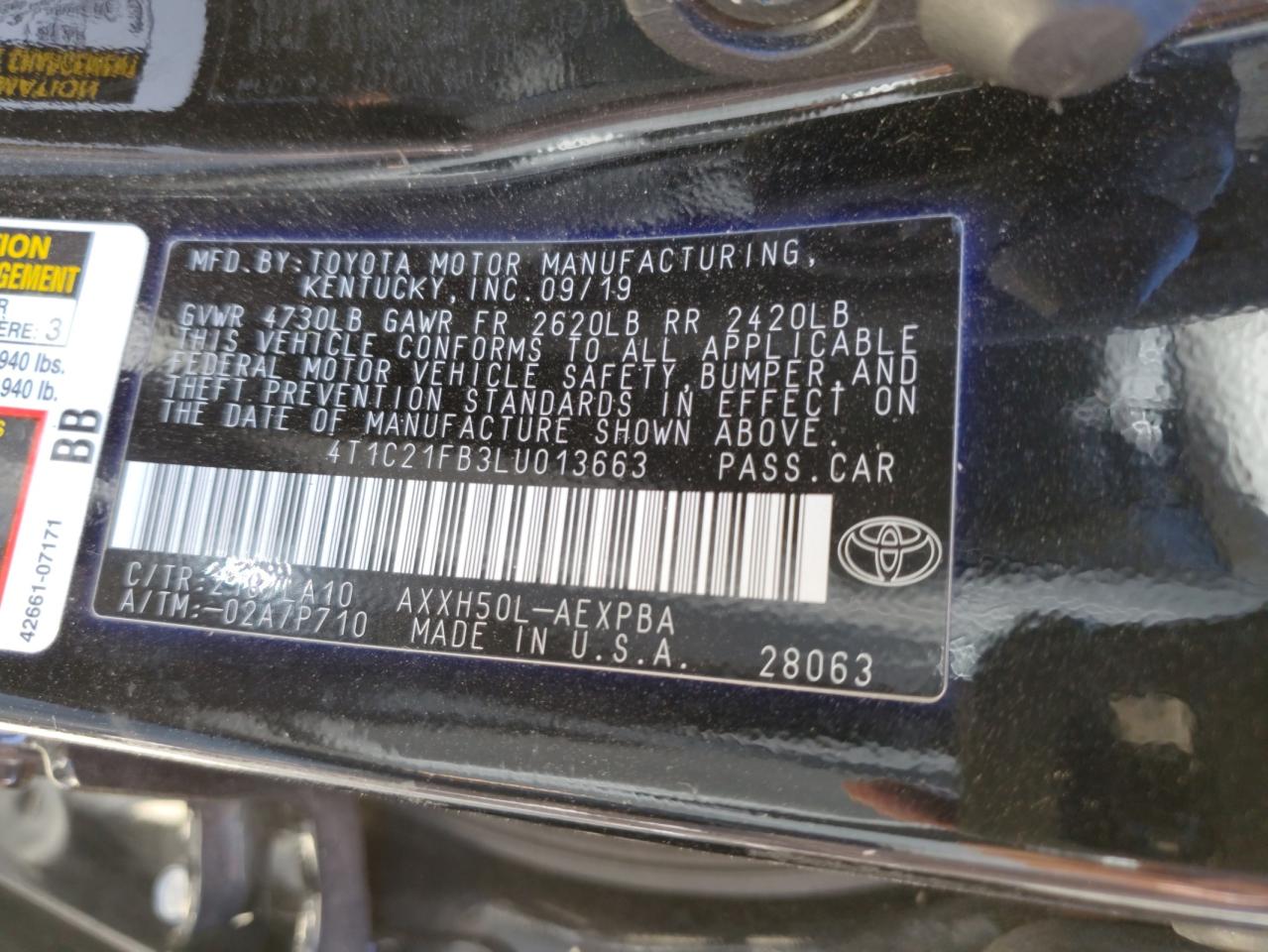 2020 Toyota Avalon VIN 4T1C21FB3LU013663 Copart auction photo, side / front end damage thumbnail 12