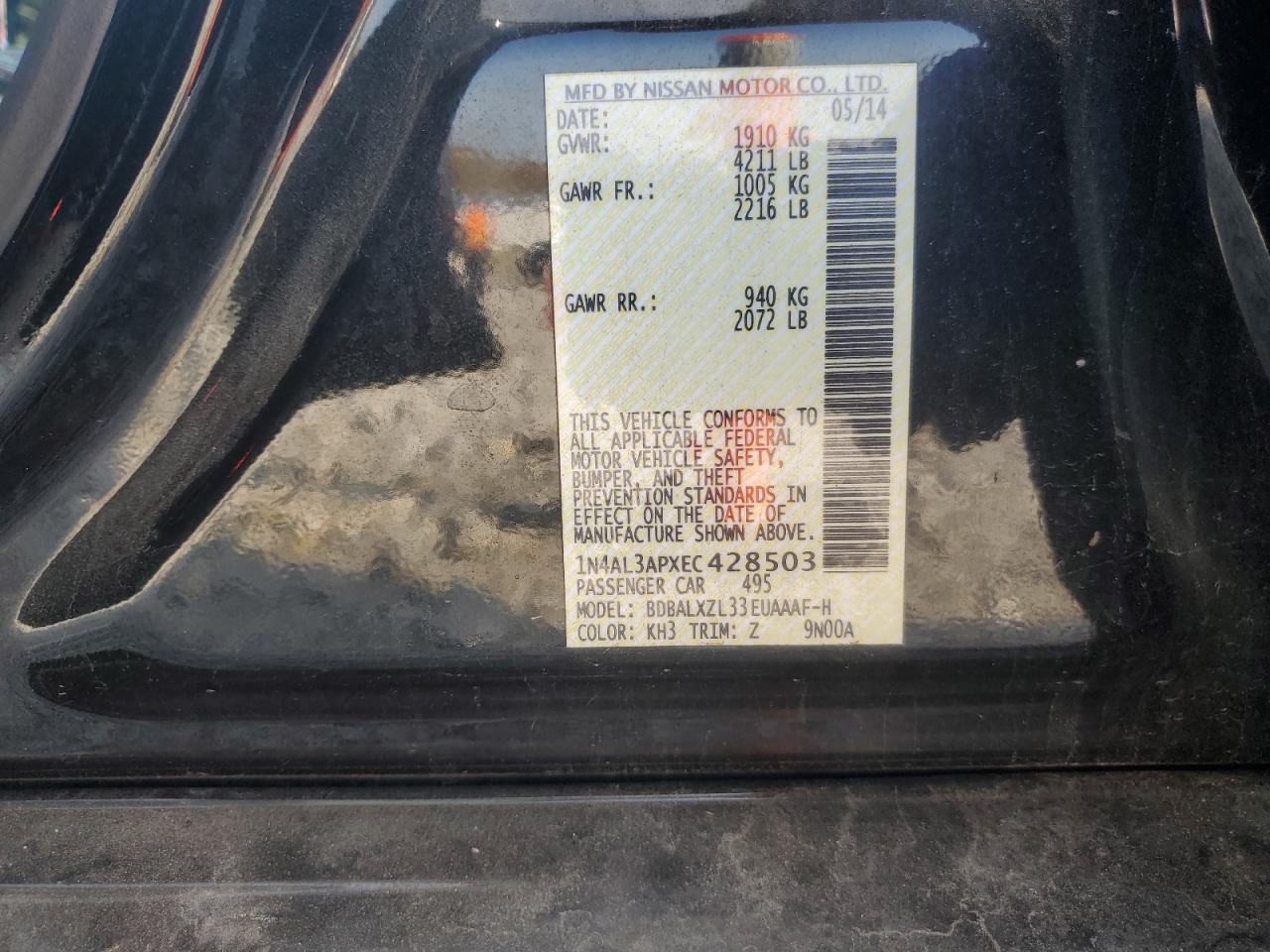 2014 Nissan Altima VIN 1N4AL3APXEC428503 Copart auction photo, front end damage thumbnail 12