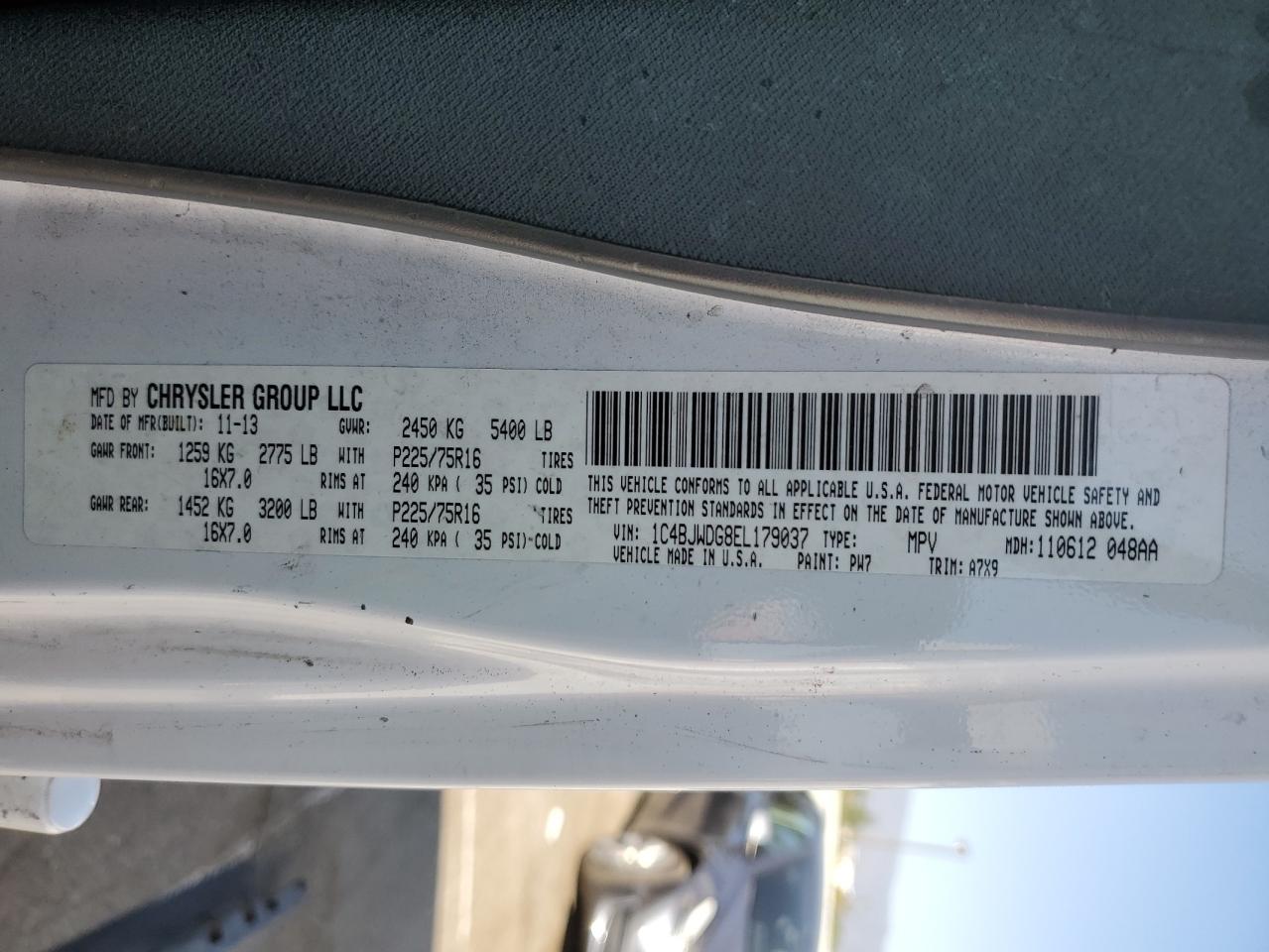 2014 Jeep Wrangler VIN 1C4BJWDG8EL179037 Copart auction photo, front end / side damage thumbnail 14