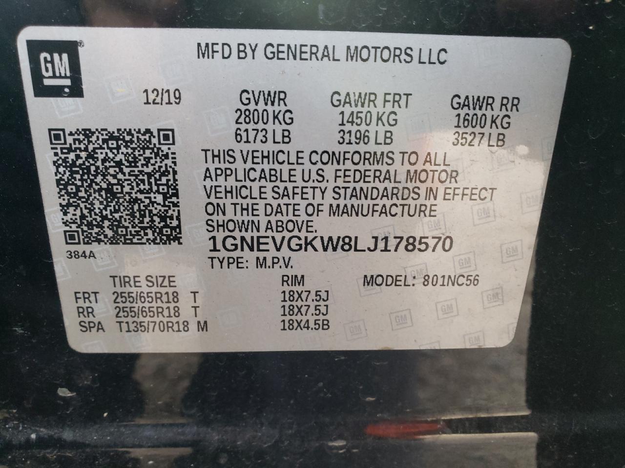 2020 Chevrolet Traverse VIN 1GNEVGKW8LJ178570 Copart auction photo, front end / side damage thumbnail 15