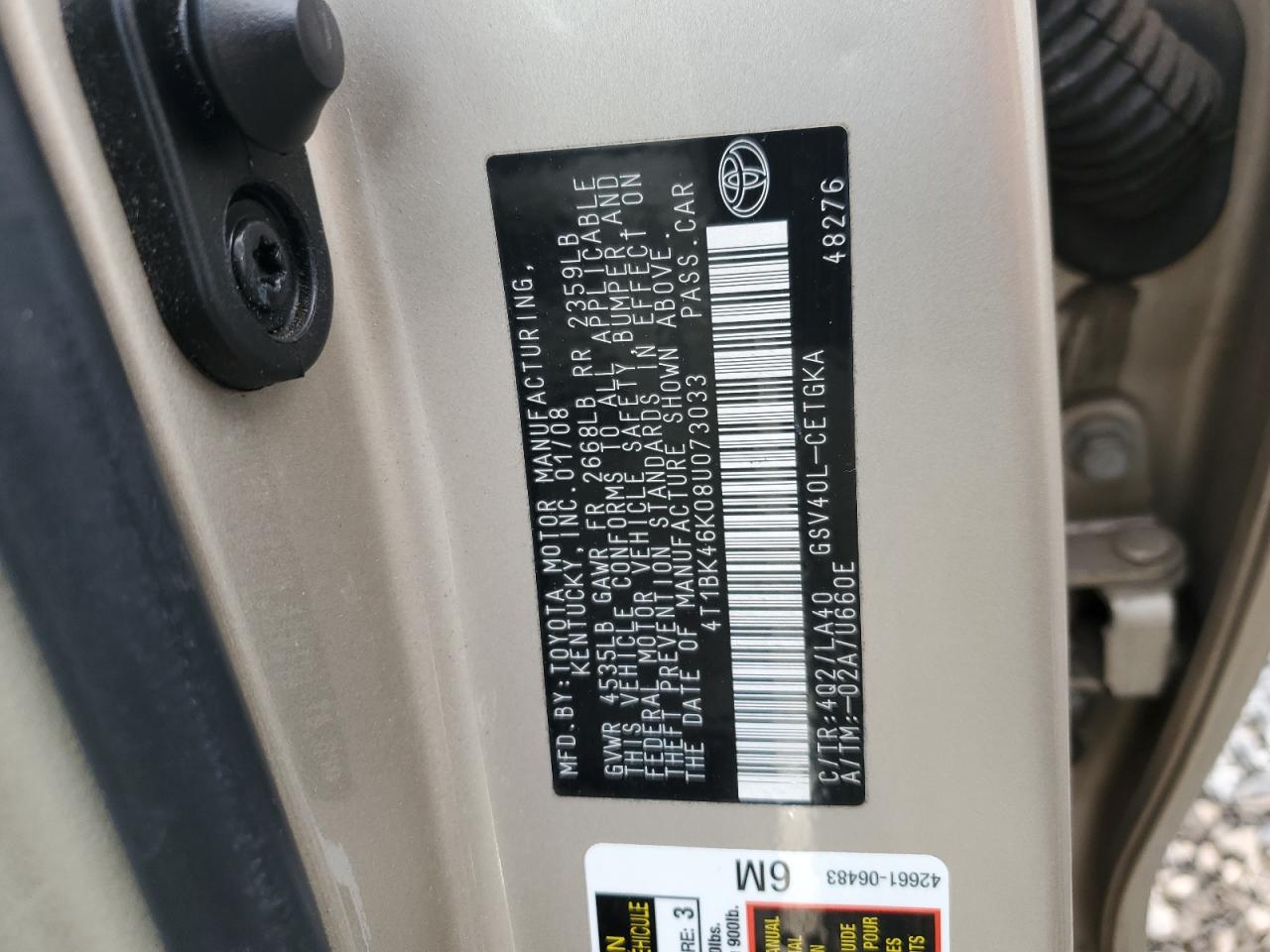 2008 Toyota Camry VIN 4T1BK46K08U073033 Copart auction photo, rear end damage thumbnail 12
