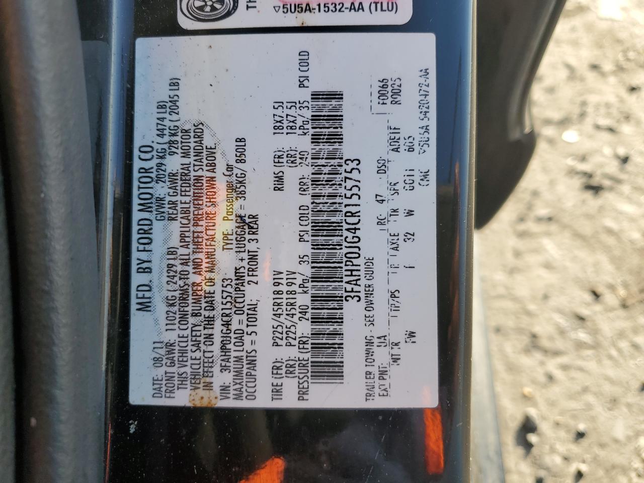 2012 Ford Fusion VIN 3FAHP0JG4CR155753 Copart auction photo, front end damage thumbnail 12