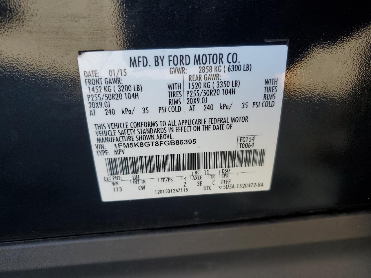 2015 Ford Explorer VIN 1FM5K8GT8FGB86395 Copart auction photo, side / minor dent/scratches damage thumbnail 15