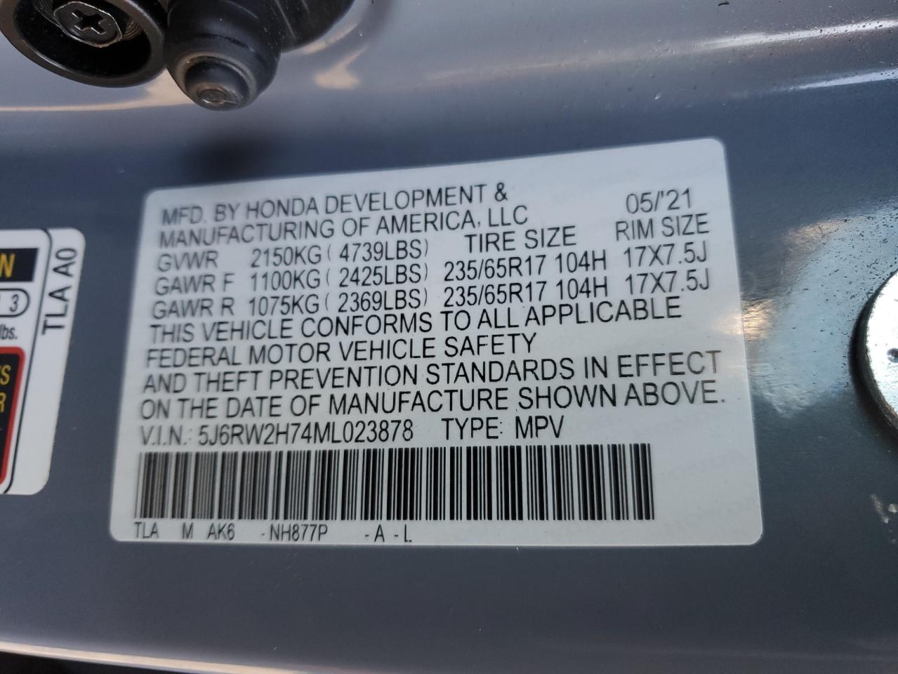 2021 Honda CR-V VIN 5J6RW2H74ML023878 Copart auction photo, side / rear end damage thumbnail 13