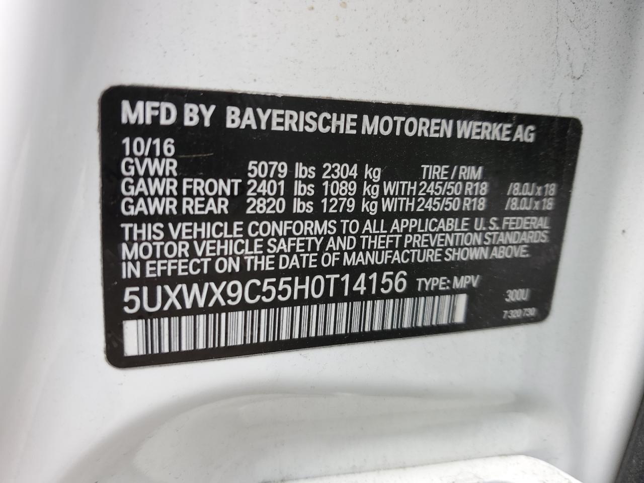 2017 BMW X3 VIN 5UXWX9C55H0T14156 Copart auction photo, front end / side damage thumbnail 15