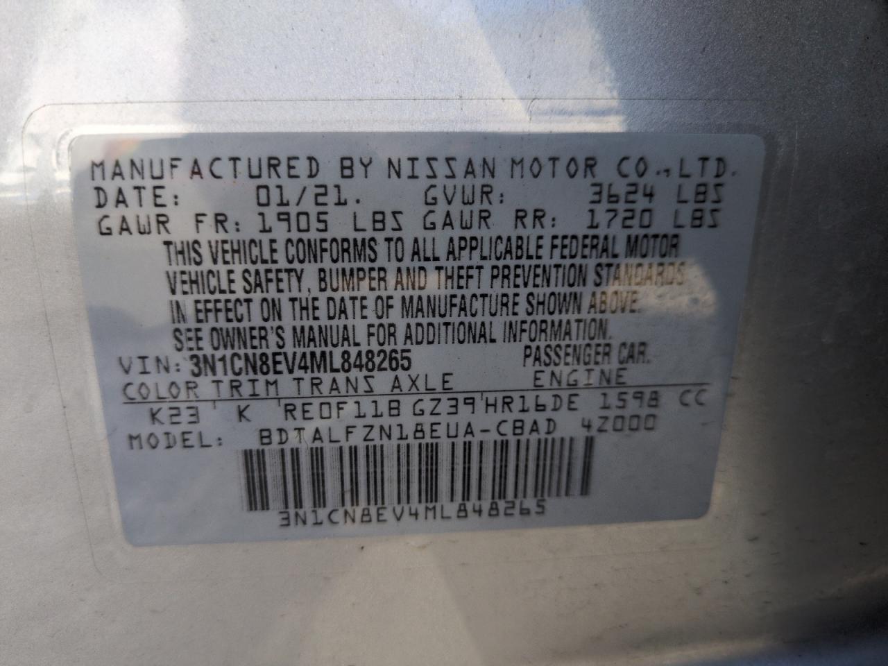 2021 Nissan Versa VIN 3N1CN8EV4ML848265 Copart auction photo, front end damage thumbnail 12