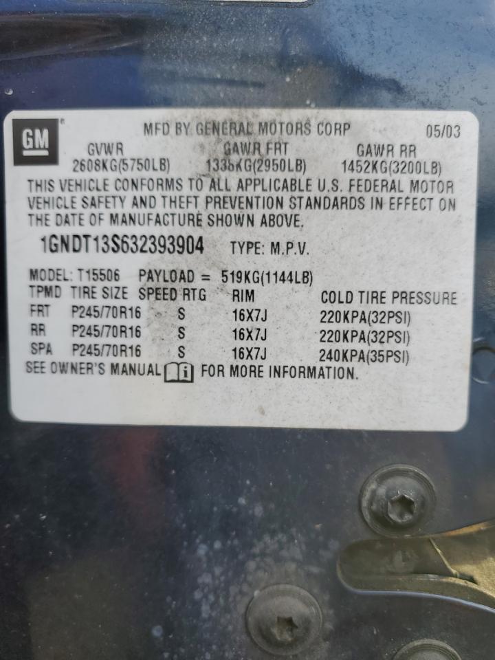 2003 Chevrolet TrailBlazer VIN 1GNDT13S632393904 Copart auction photo, rear end damage thumbnail 13