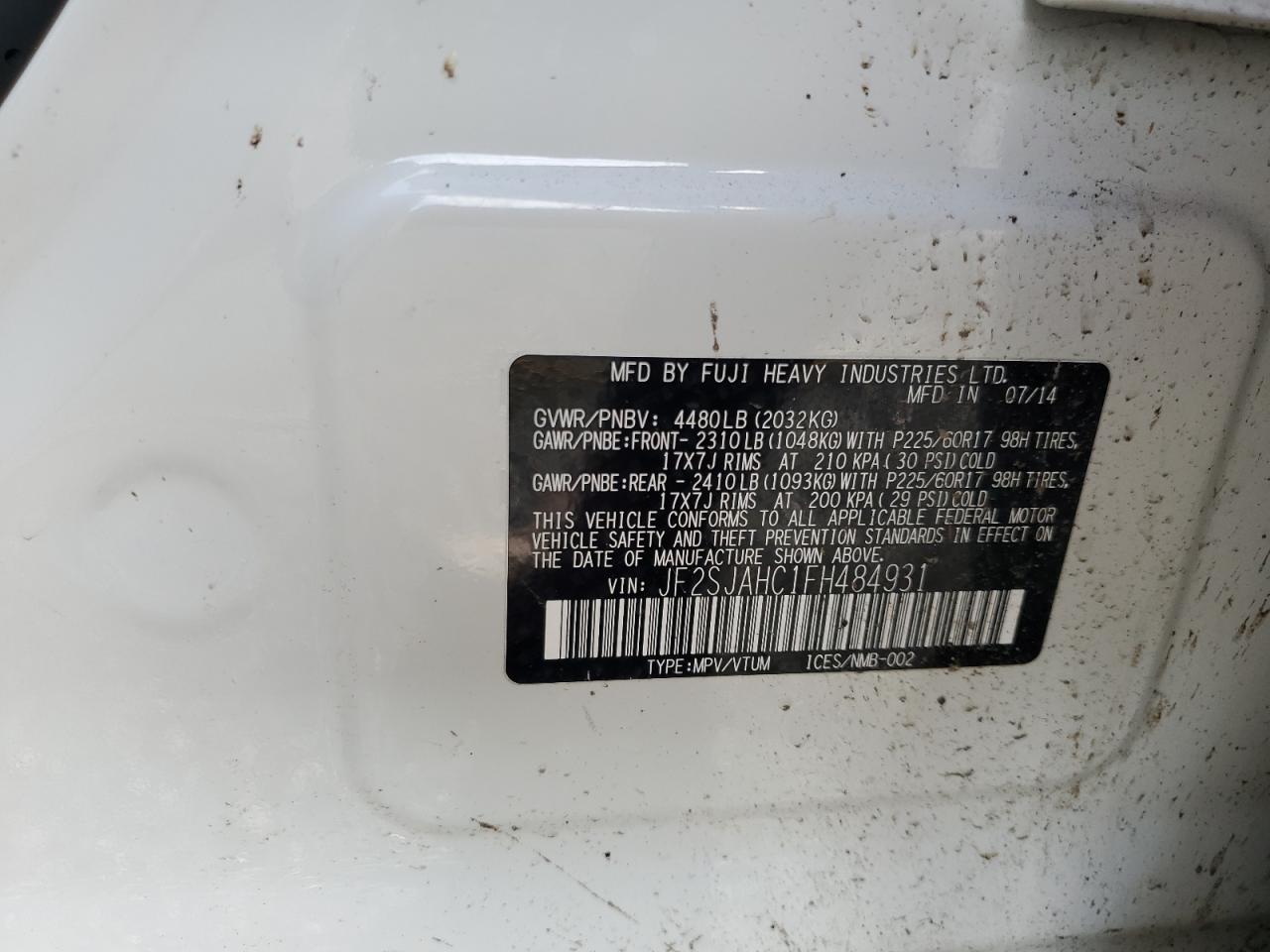 2015 Subaru Forester VIN JF2SJAHC1FH484931 Copart auction photo, front end / top/roof damage thumbnail 15