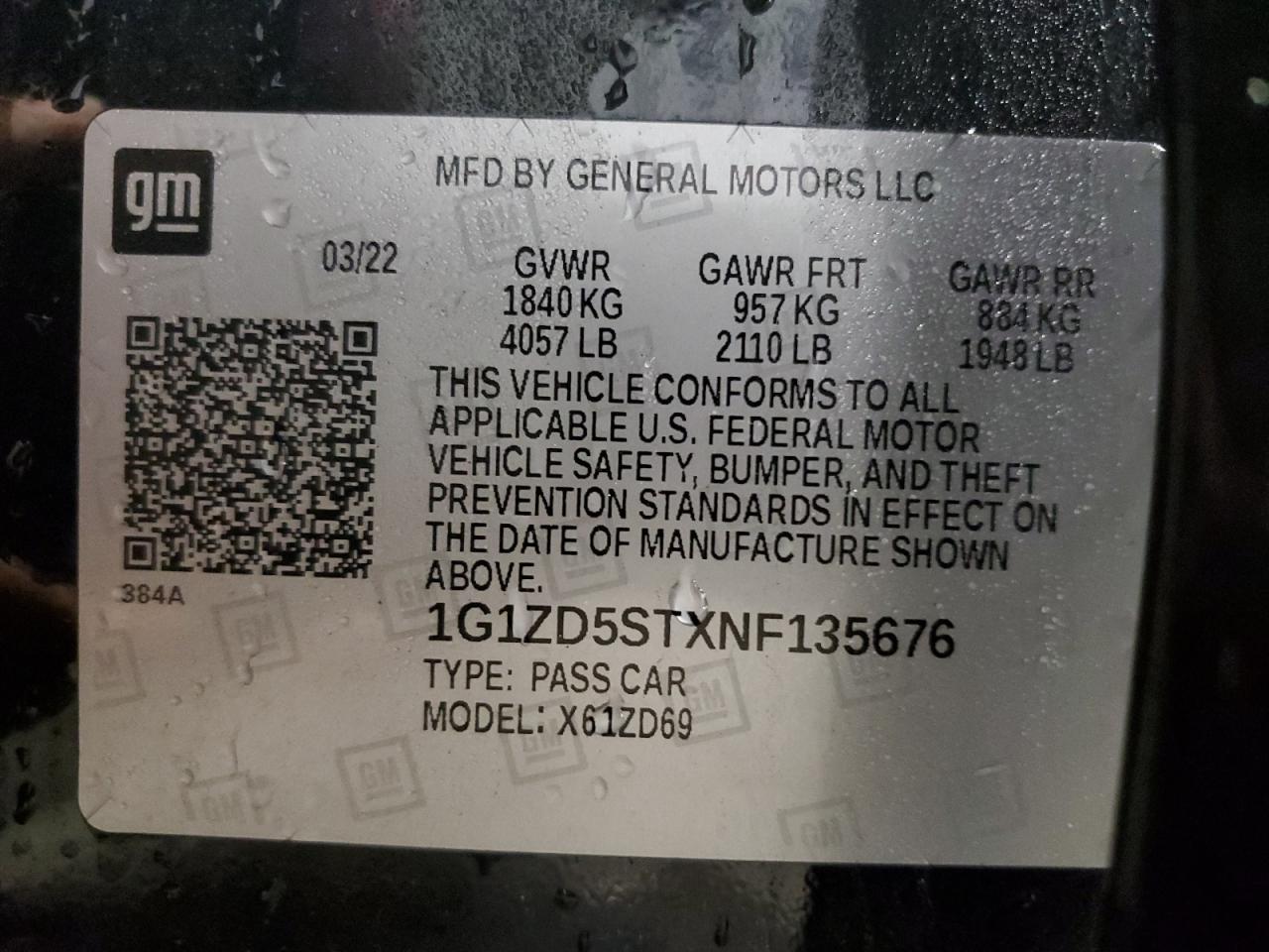 2022 Chevrolet Malibu VIN 1G1ZD5STXNF135676 Copart auction photo, front end damage thumbnail 13