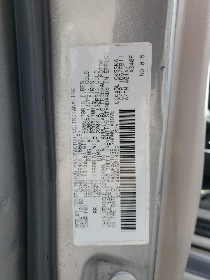 2004 Toyota Sequoia VIN 5TDBT44A64S214262 Copart auction photo, front end damage thumbnail 13