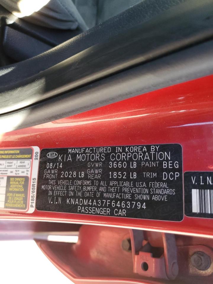 2015 KIA Rio VIN KNADM4A37F6463794 Copart auction photo, front end / rear end damage thumbnail 14