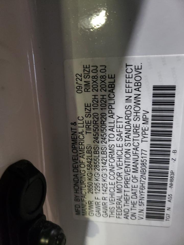 2022 Honda Pilot VIN 5FNYF6H72NB085177 Copart auction photo, front end damage thumbnail 16