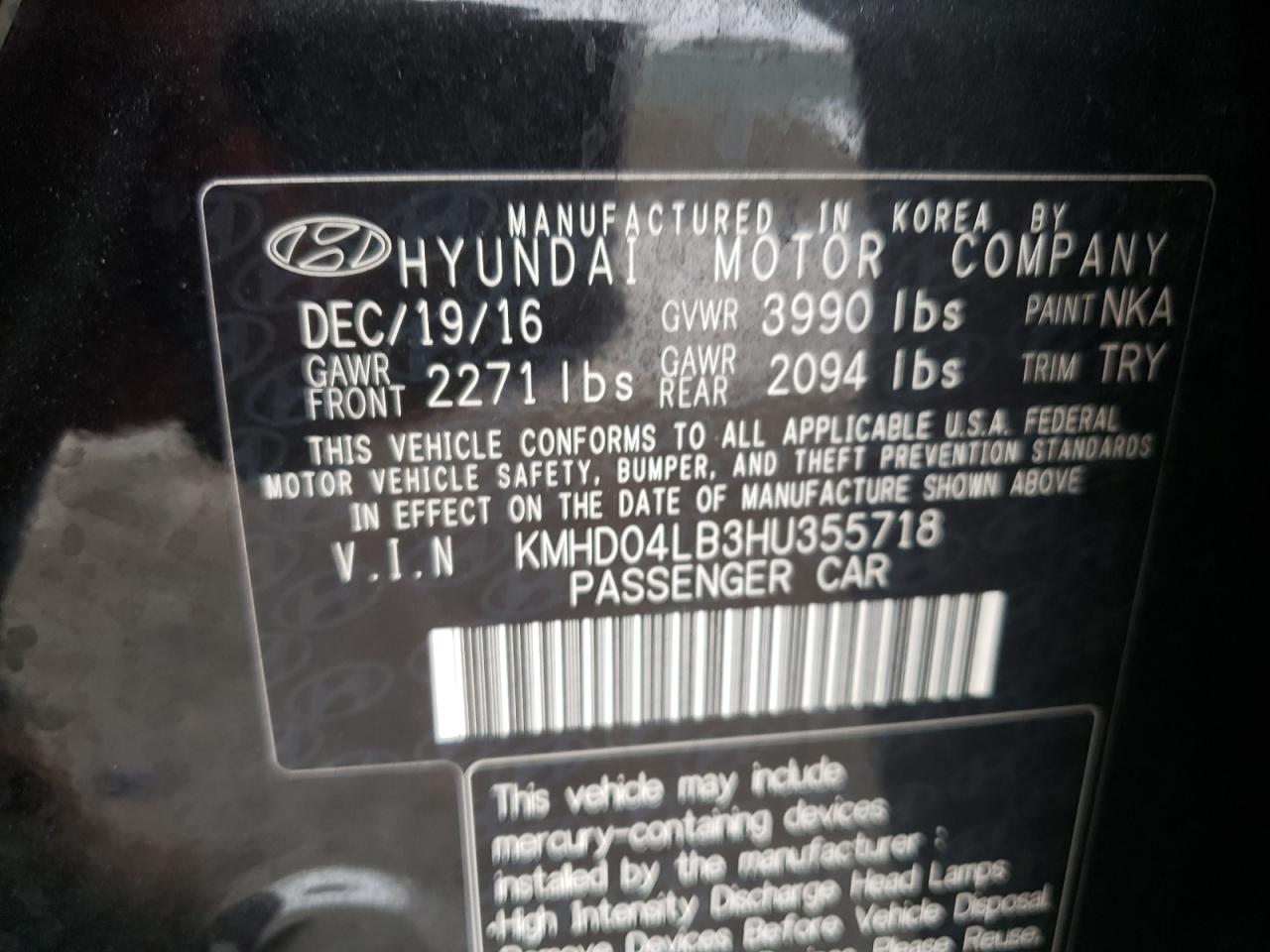 2017 Hyundai Elantra VIN KMHD04LB3HU355718 Copart auction photo, front end / side damage thumbnail 13