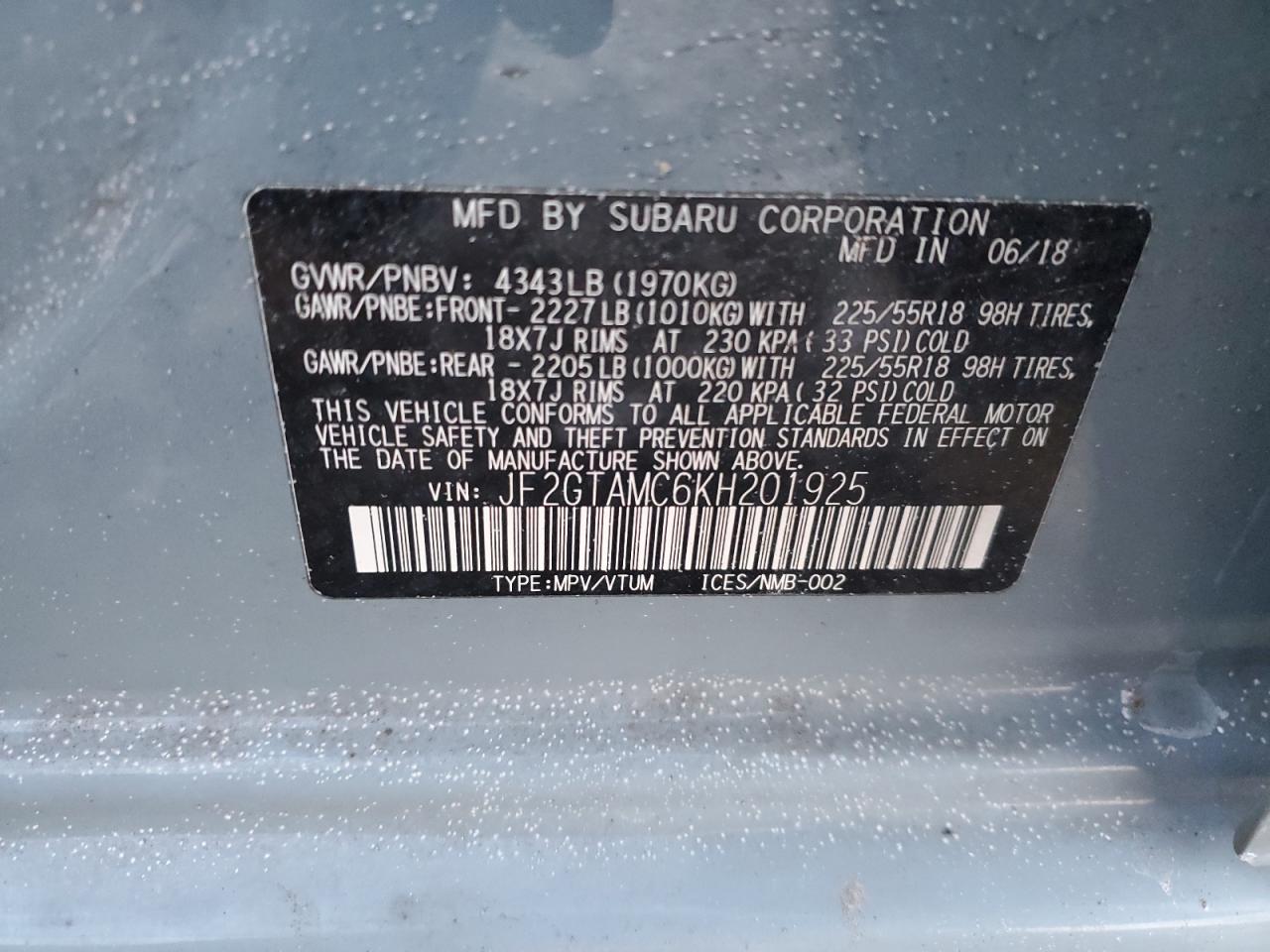 2019 Subaru XV VIN JF2GTAMC6KH201925 Copart auction photo, side / rear end damage thumbnail 12