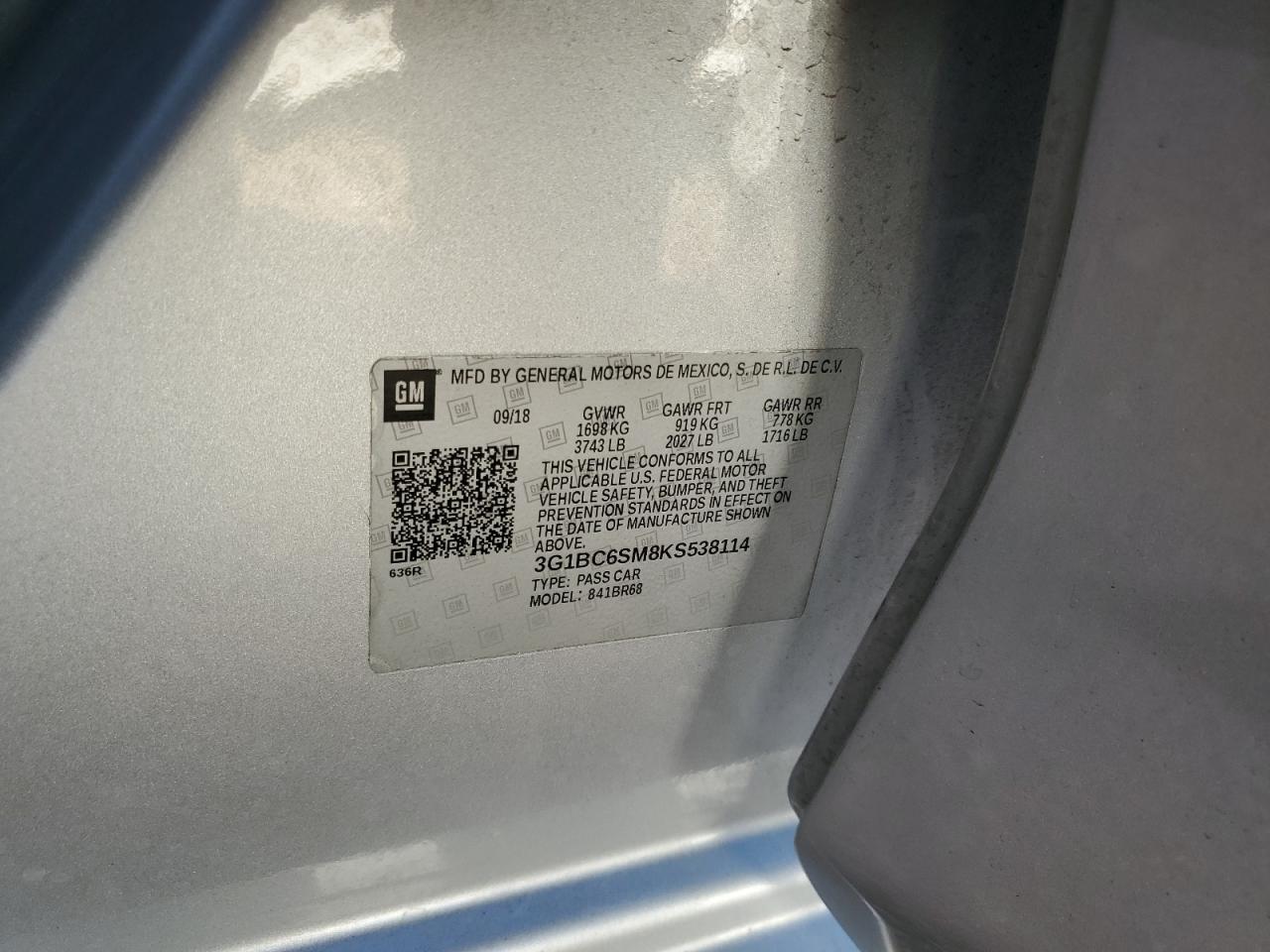 2019 Chevrolet Cruze VIN 3G1BC6SM8KS538114 Copart auction photo, front end damage thumbnail 14