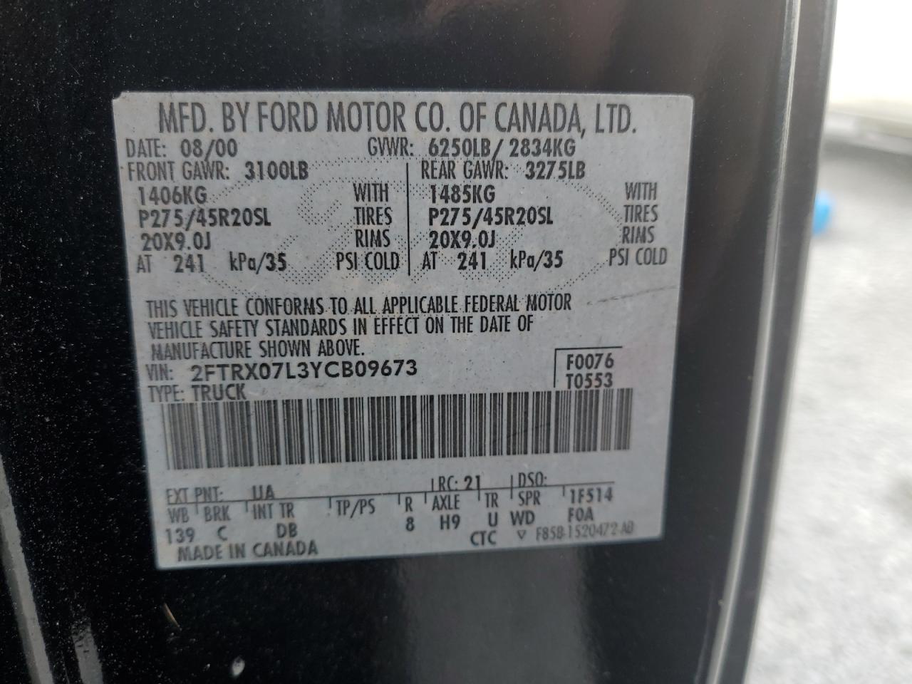 2000 Ford F-150 VIN 2FTRX07L3YCB09673 Copart auction photo, front end / side damage thumbnail 13