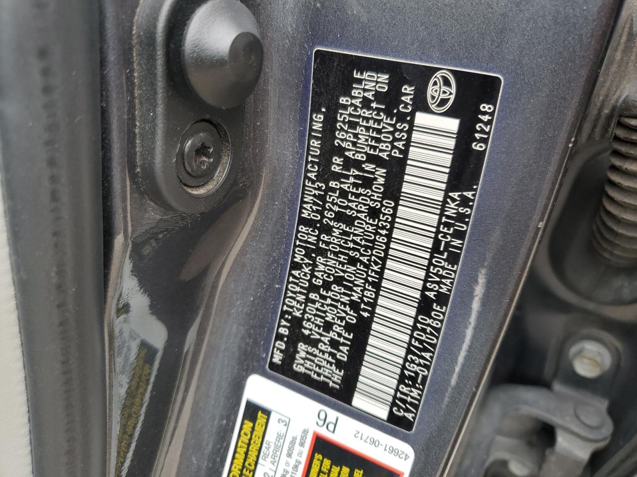 2013 Toyota Camry VIN 4T1BF1FK7DU643560 Copart auction photo, front end damage thumbnail 13