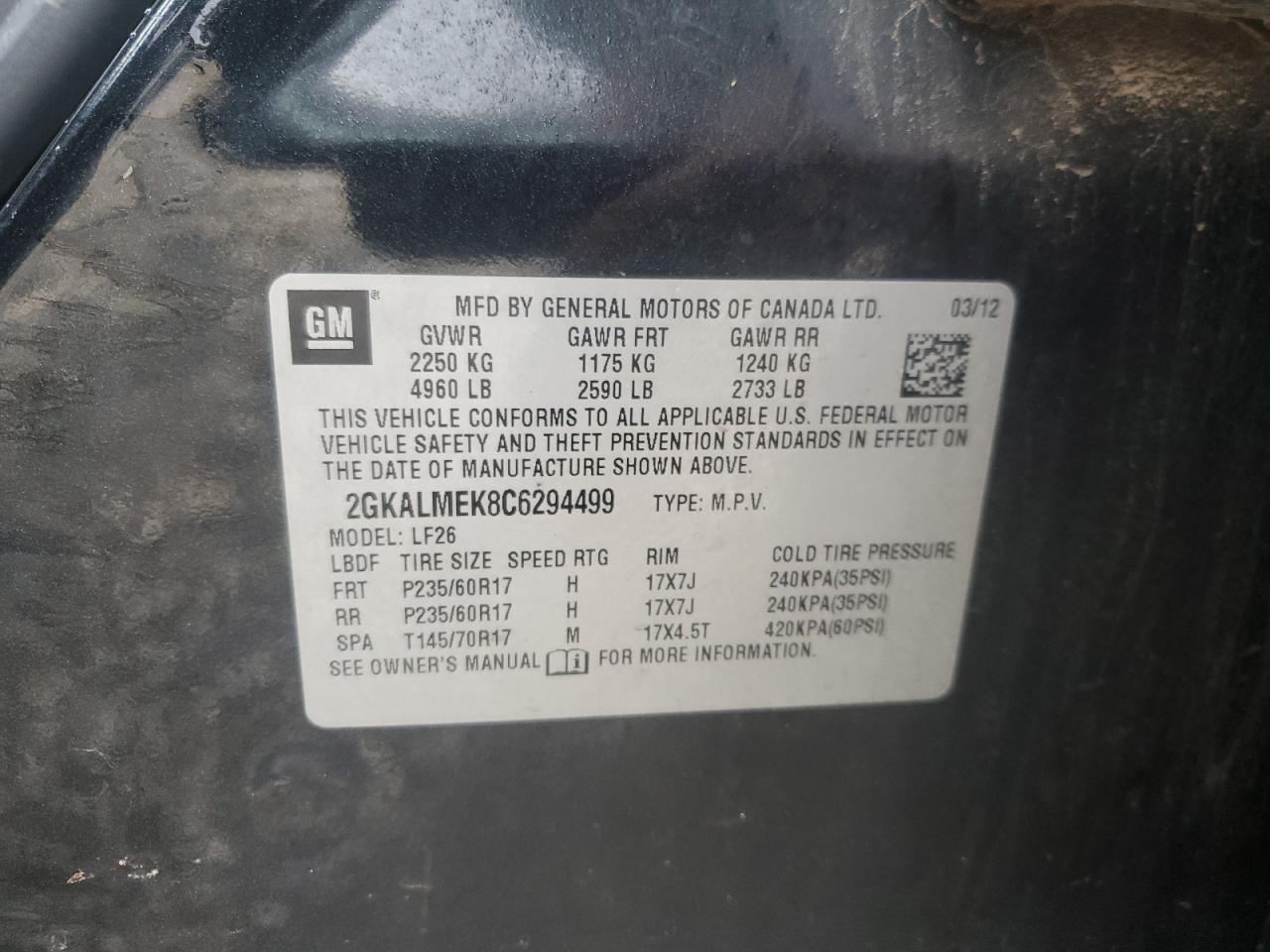 2012 GMC Terrain VIN 2GKALMEK8C6294499 Copart auction photo, front end damage thumbnail 13