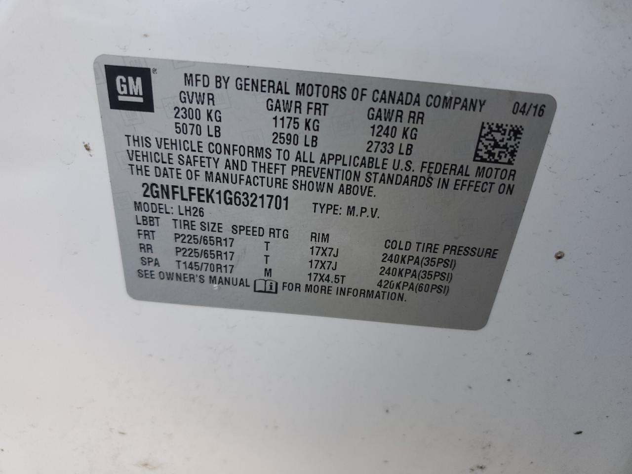 2016 Chevrolet Equinox VIN 2GNFLFEK1G6321701 Copart auction photo, rear end / side damage thumbnail 13