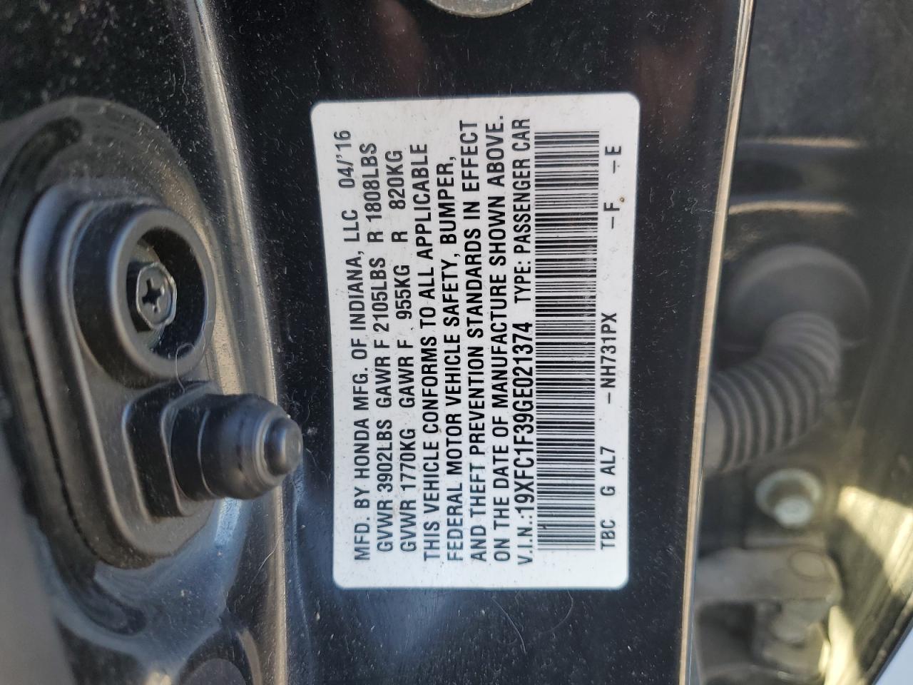 2016 Honda Civic VIN 19XFC1F39GE021374 Copart auction photo, front end damage thumbnail 13