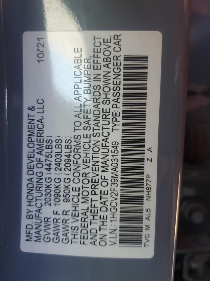 2021 Honda Accord VIN 1HGCV2F39MA031549 Copart auction photo, front end / side damage thumbnail 13