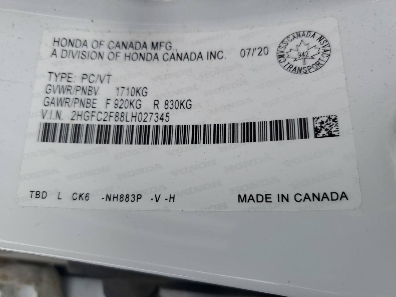 2020 Honda Civic VIN 2HGFC2F88LH027345 Copart auction photo, front end / side damage thumbnail 12