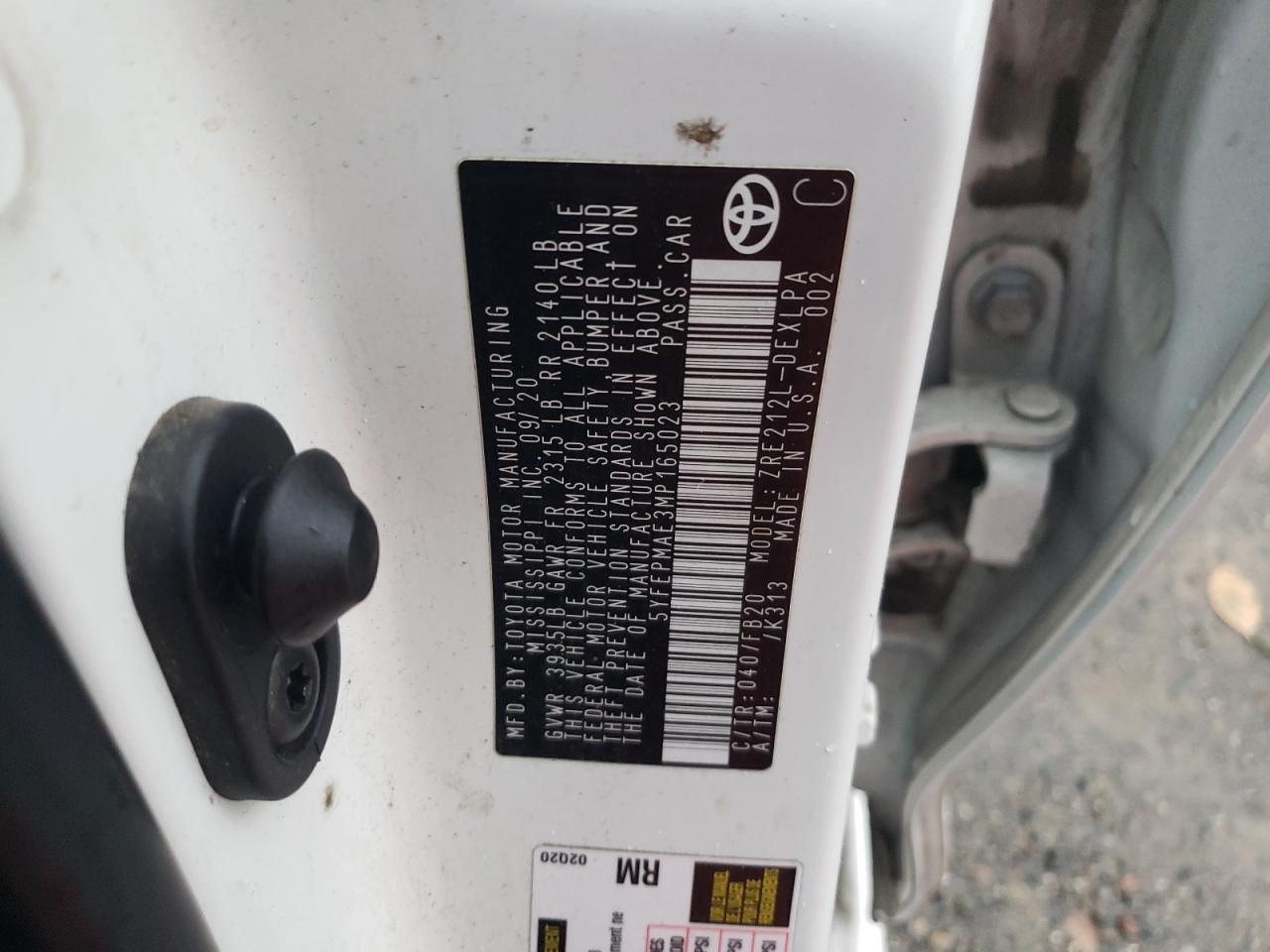 2021 Toyota Corolla VIN 5YFEPMAE3MP165023 Copart auction photo, side / front end damage thumbnail 12