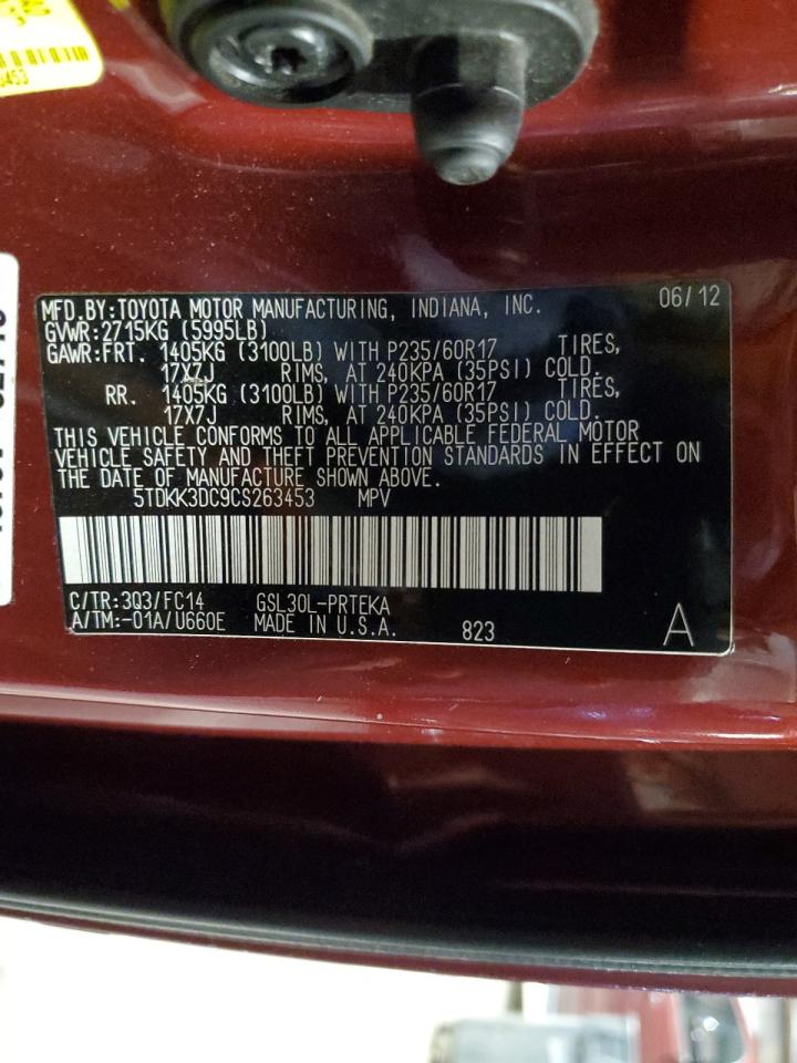 2012 Toyota Sienna VIN 5TDKK3DC9CS263453 Copart auction photo, rear end / side damage thumbnail 13