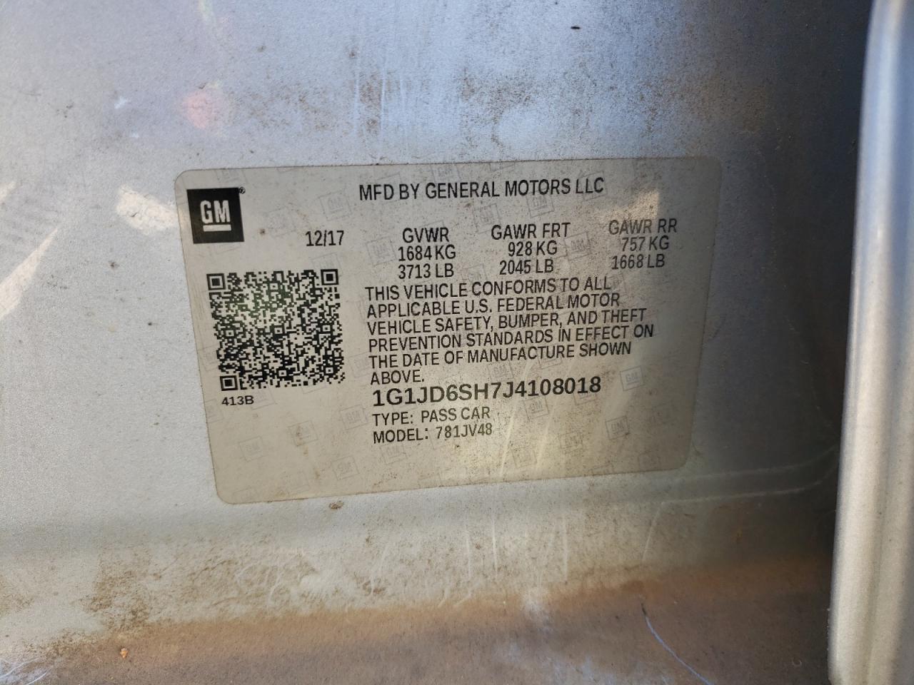 2018 Chevrolet Sonic VIN 1G1JD6SH7J4108018 Copart auction photo, front end damage thumbnail 13