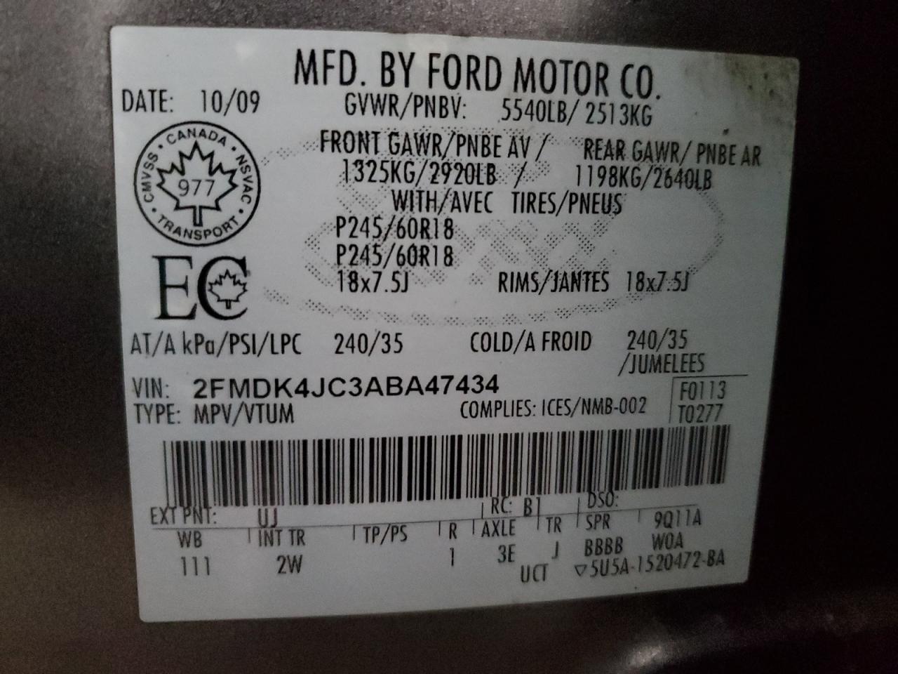 2010 Ford Edge VIN 2FMDK4JC3ABA47434 Copart auction photo, side / front end damage thumbnail 12