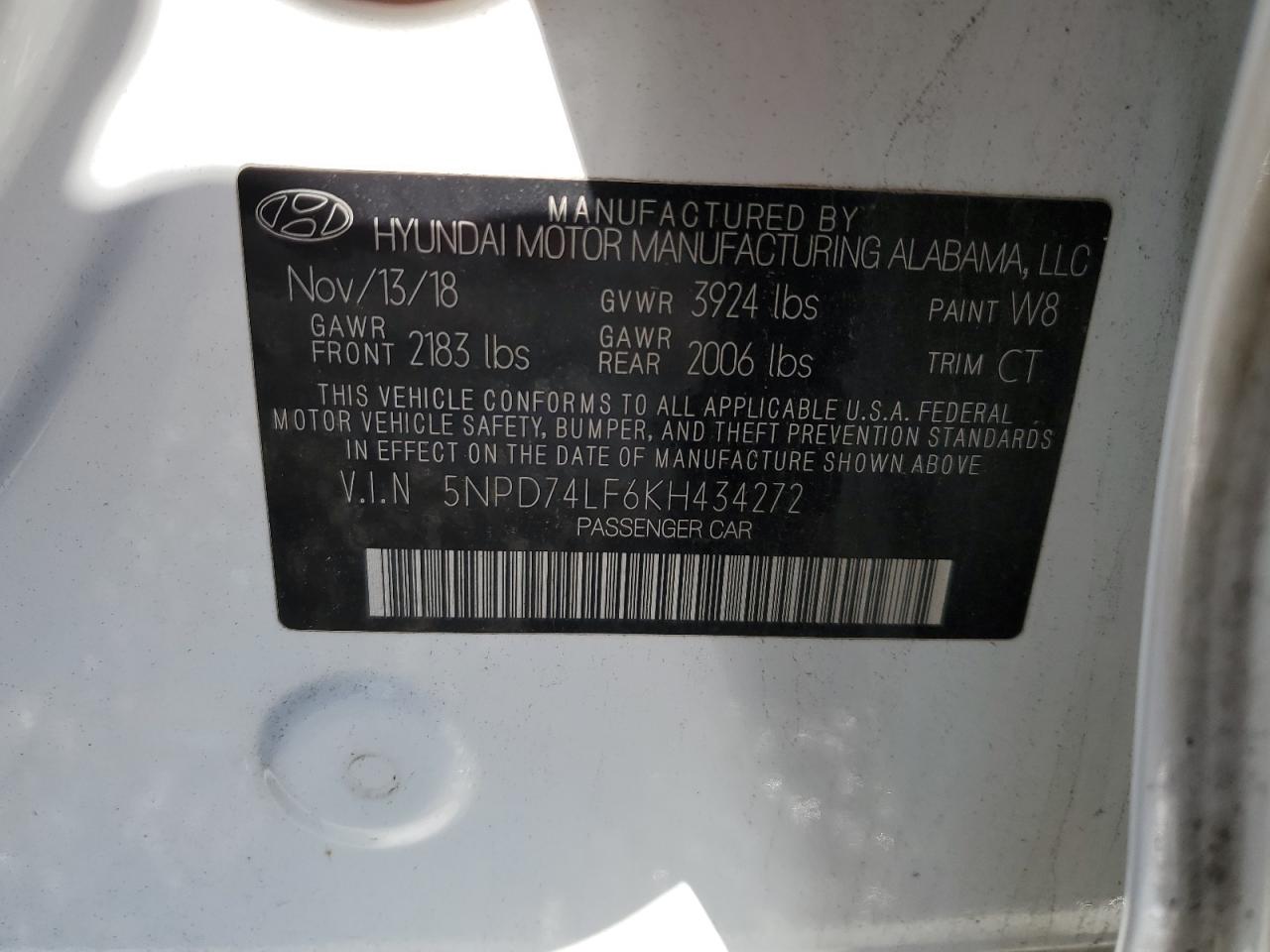 2019 Hyundai Elantra VIN 5NPD74LF6KH434272 Copart auction photo, minor dent/scratches damage thumbnail 14