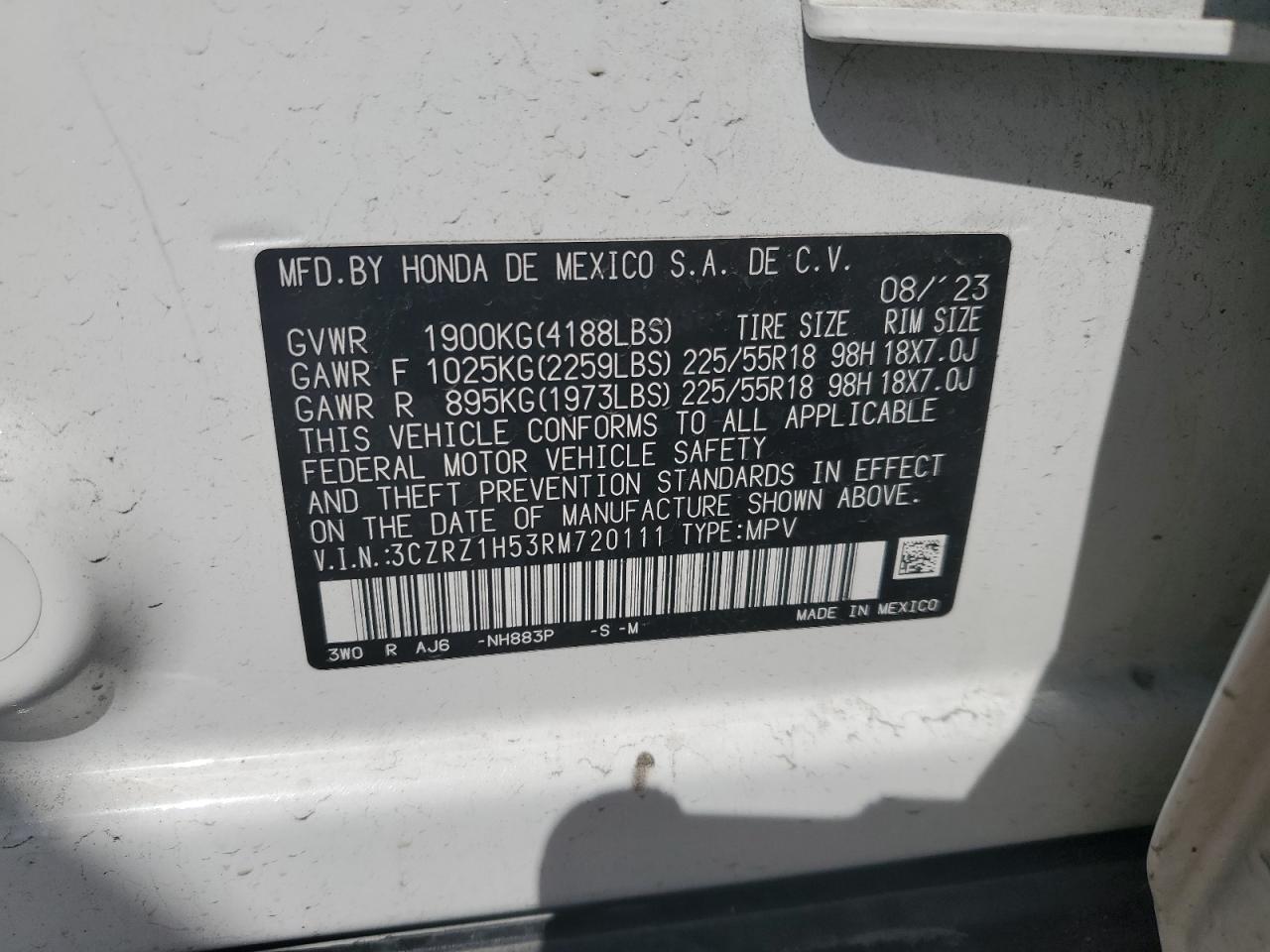 2024 Honda HR-V VIN 3CZRZ1H53RM720111 Copart auction photo, rear end damage thumbnail 14