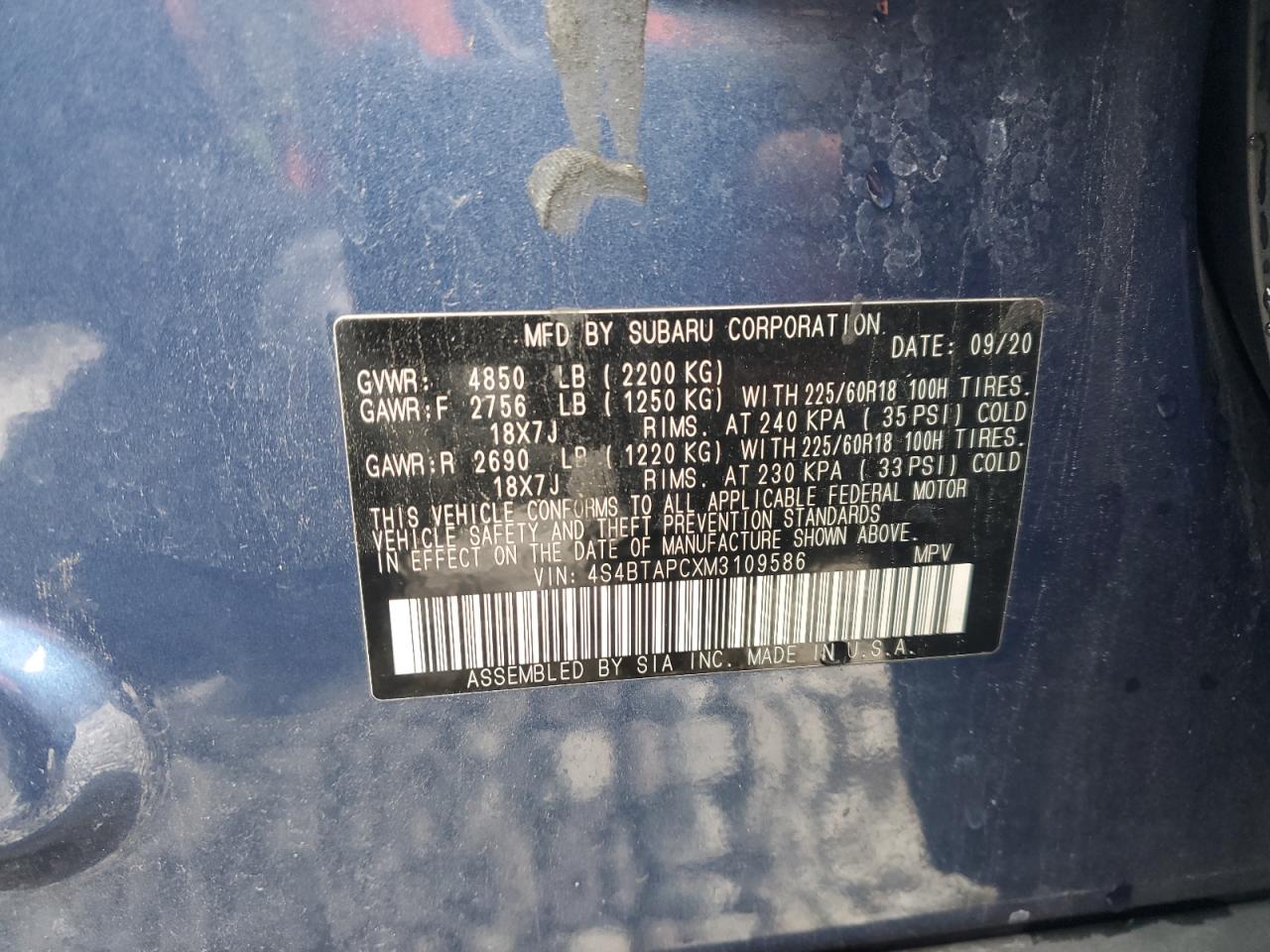 2021 Subaru Outback VIN 4S4BTAPCXM3109586 Copart auction photo, all over damage thumbnail 13