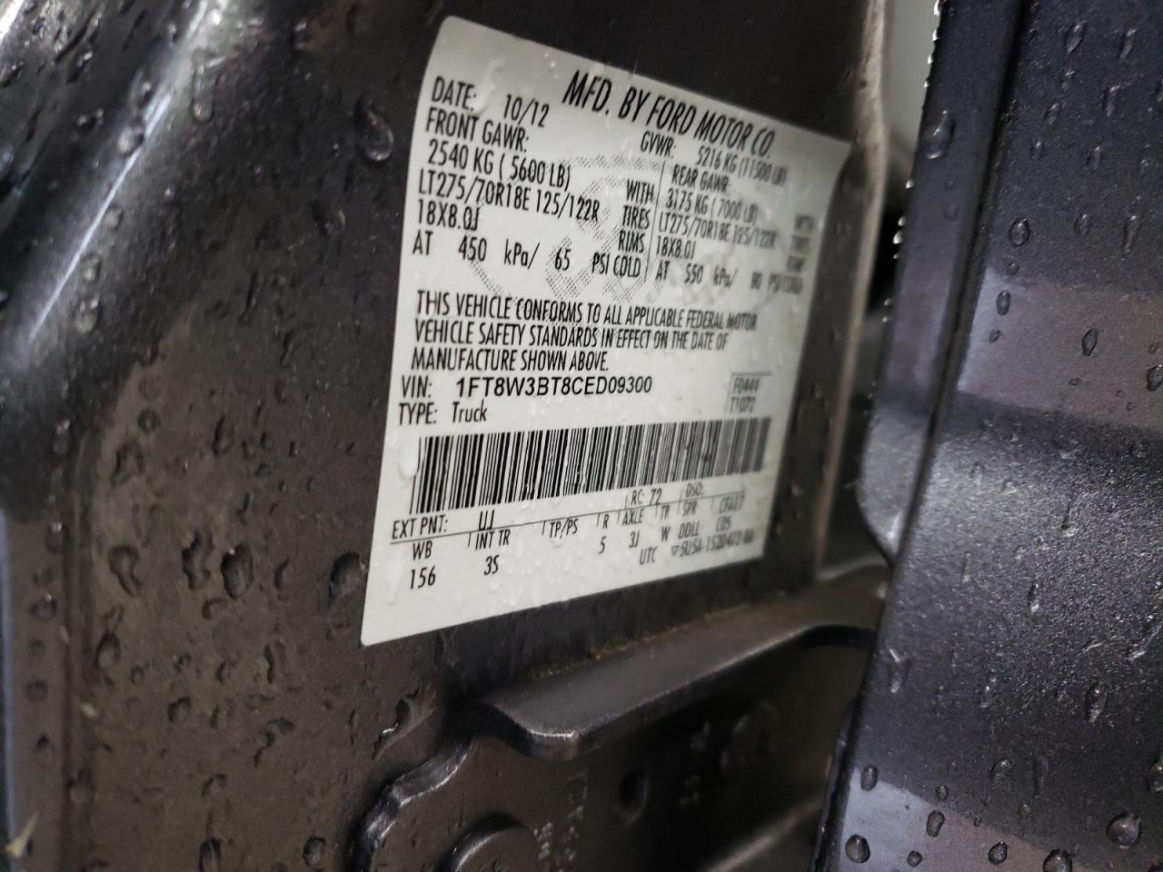 2012 Ford F350 VIN 1FT8W3BT8CED09300 Copart auction photo, rollover damage thumbnail 14