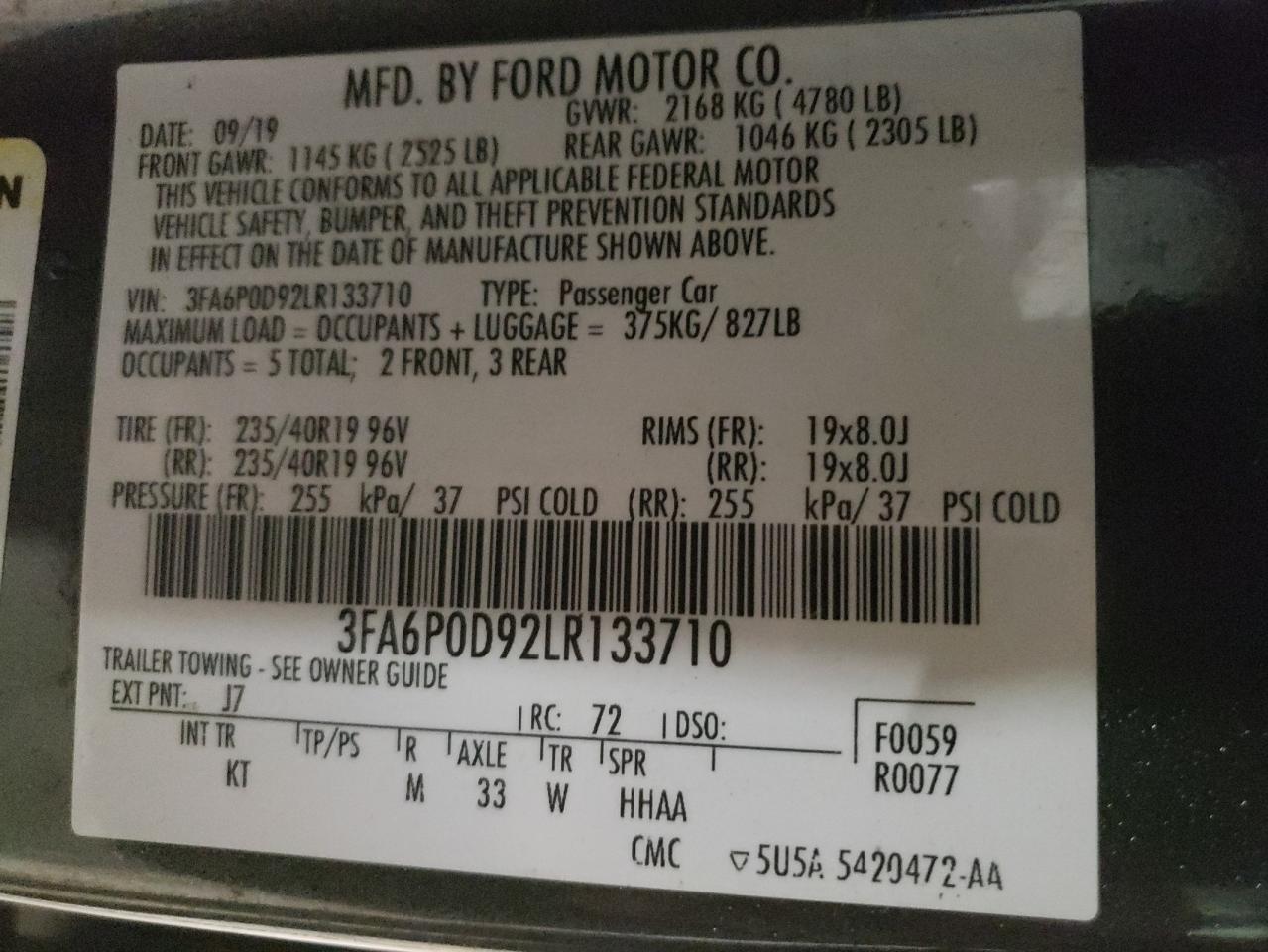 2020 Ford Fusion VIN 3FA6P0D92LR133710 Copart auction photo, all over damage thumbnail 12