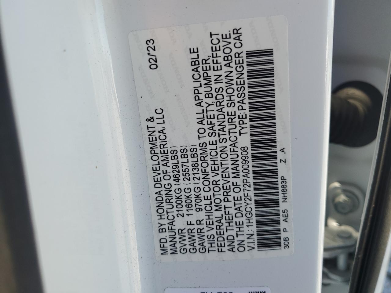 2023 Honda Accord VIN 1HGCY2F72PA009908 Copart auction photo, rear end damage thumbnail 12