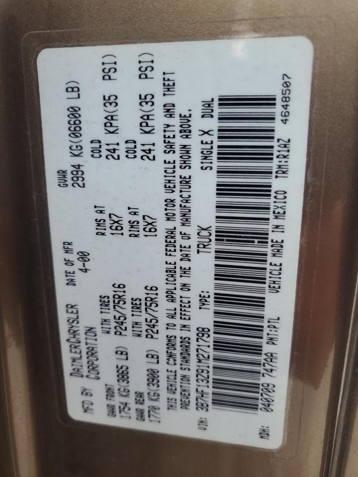 2001 Dodge RAM VIN 3B7HF13Z91M271798 Copart auction photo, front end damage thumbnail 12