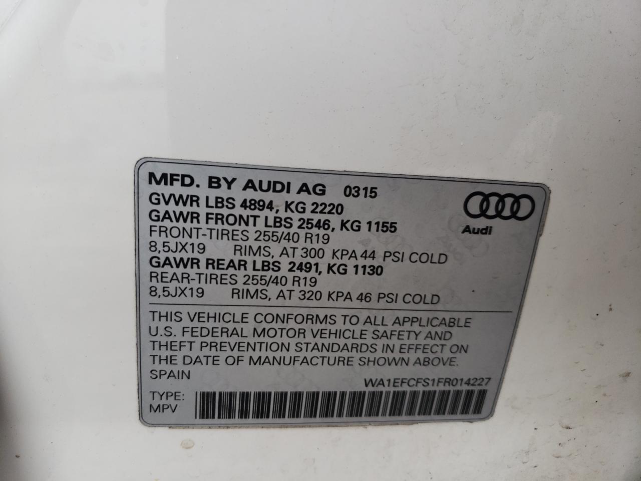 2015 Audi Q3 VIN WA1EFCFS1FR014227 Copart auction photo, all over damage thumbnail 15