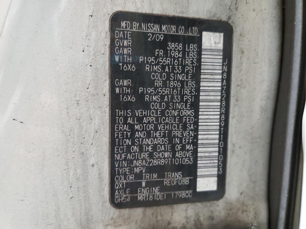 2009 Nissan Cube VIN JN8AZ28R89T101053 Copart auction photo, minor dent/scratches damage thumbnail 13
