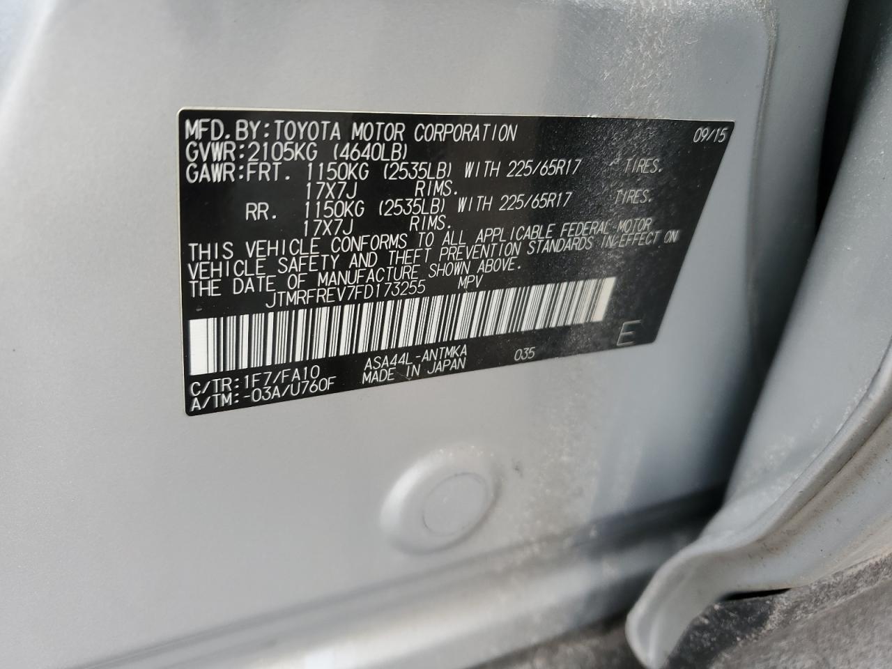 2015 Toyota RAV 4 VIN JTMRFREV7FD173255 Copart auction photo, front end damage thumbnail 13