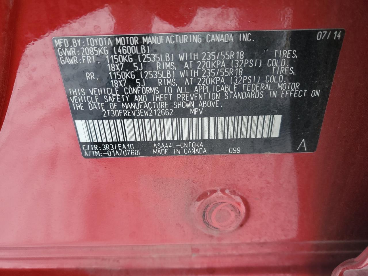 2014 Toyota RAV 4 VIN 2T3DFREV3EW212662 Copart auction photo, front end / side damage thumbnail 13