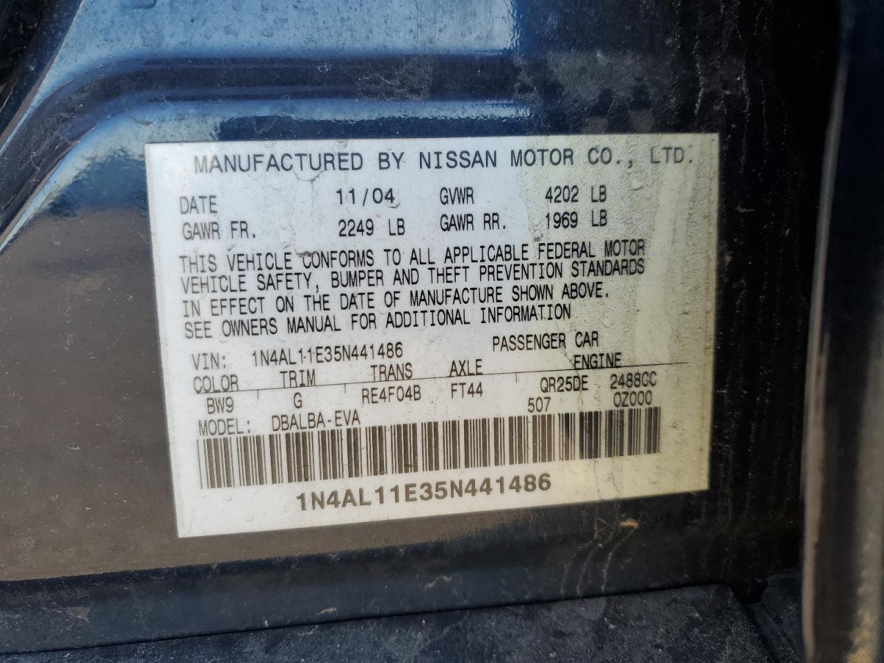 2005 Nissan Altima VIN 1N4AL11E35N441486 Copart auction photo, front end / minor dent/scratches damage thumbnail 12